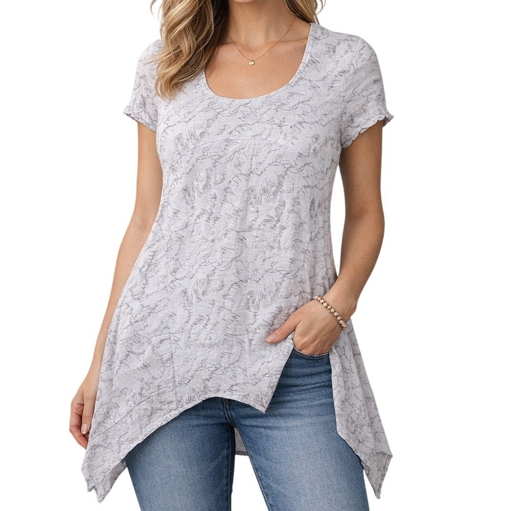 Click Women's Linen Tunic Top Abstract Print Sharkbite Hem Gray White Small